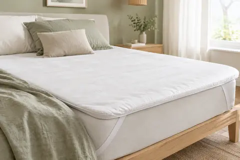 Surmatelas blanc EHEYCIGA de 140 × 190 cm posé sur un lit clair dans une chambre lumineuse.