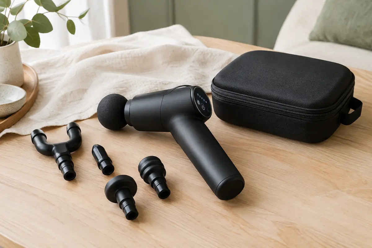 Pistolet de massage noir mat avec écran LCD, embouts interchangeables et étui sur une surface en bois clair.