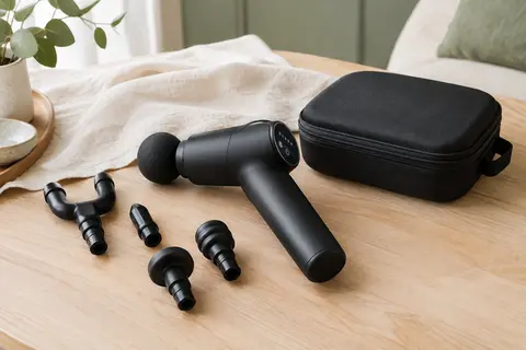 Pistolet de massage noir mat avec écran LCD, embouts interchangeables et étui sur une surface en bois clair.