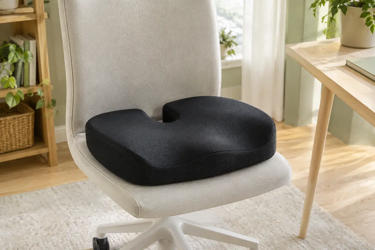 Coussin d’assise noir en mousse à mémoire de forme avec découpe en U posé sur une chaise
