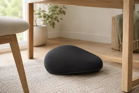 Repose-pieds noir en mousse mémoire placé sous un bureau en bois clair dans un intérieur lumineux