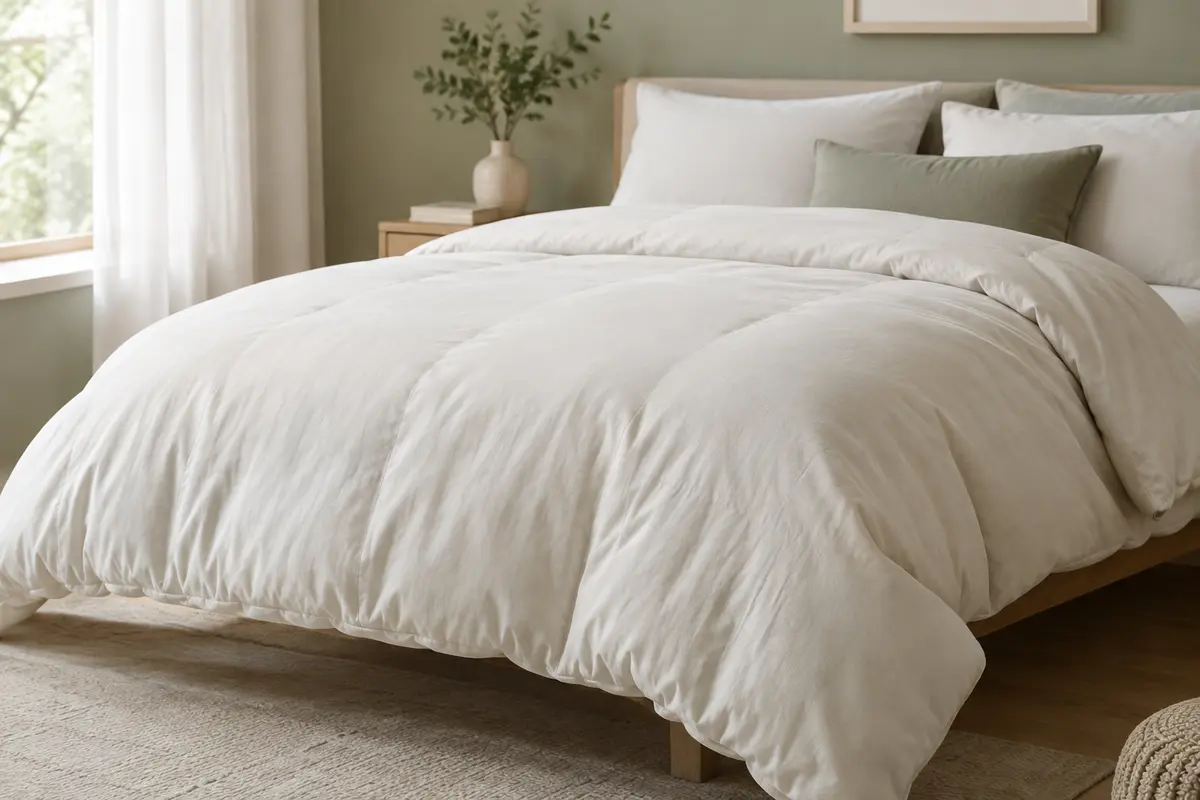 Couette légère en coton et garnissage polyester présentée sur un lit dans un intérieur lumineux