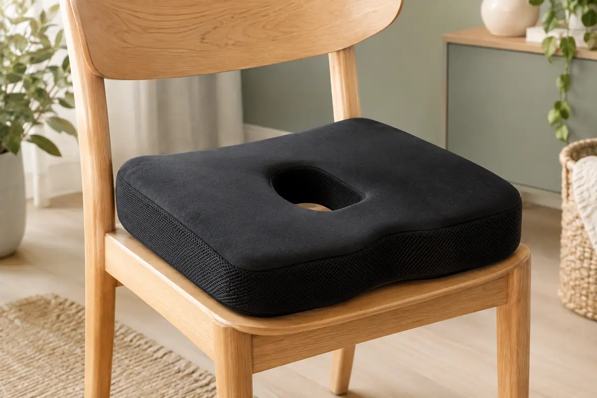 Coussin d’assise Feagar noir avec évidement central, housse en coton et côtés en maille, posé sur une chaise en bois clair.