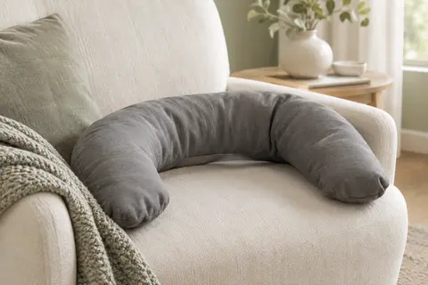 Coussin cervical allongé en coton Feel Recovery posé sur un fauteuil clair dans un intérieur apaisant.