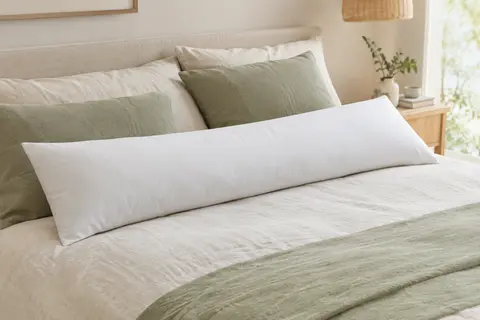 Coussin Flowen blanc rectangulaire de 40 x 145 cm posé en longueur sur un lit clair