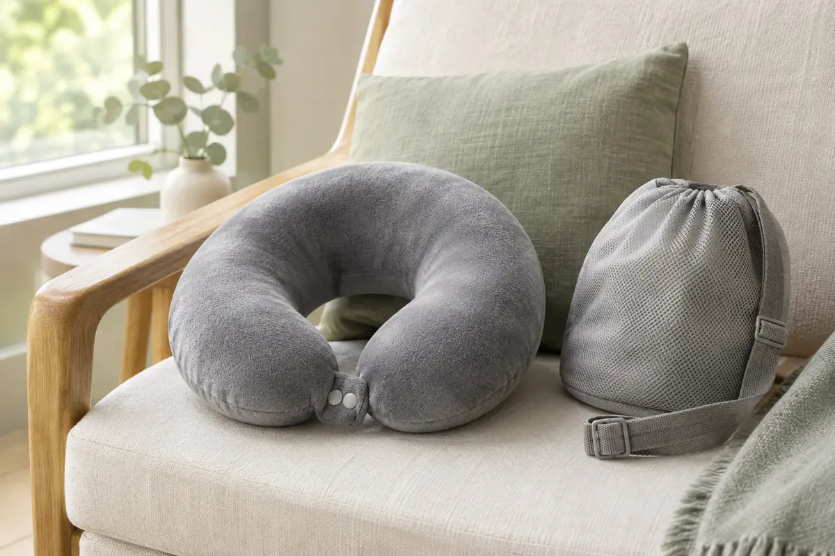 Coussin de voyage FLOWZOOM gris en forme de nuque, accompagné de sa pochette à sangle.