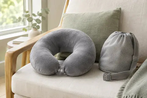 Coussin de voyage FLOWZOOM gris en forme de nuque, accompagné de sa pochette à sangle.