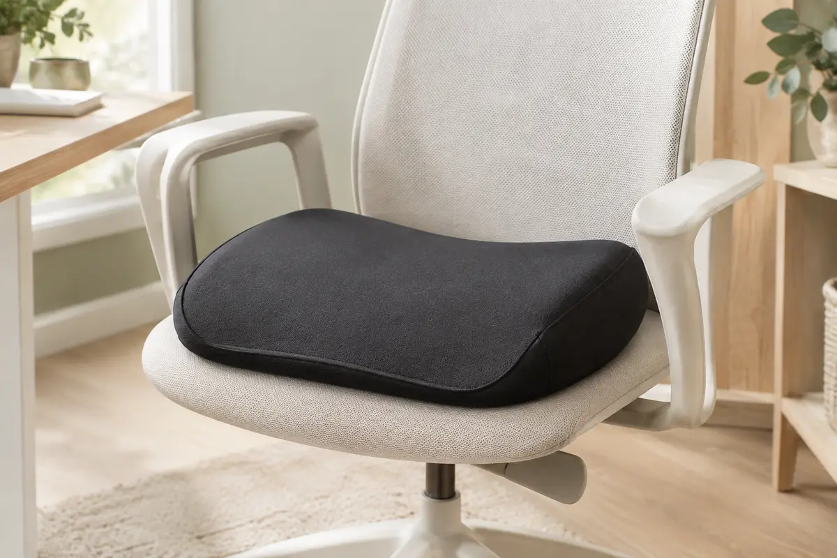 Coussin d’assise noir semi-circulaire posé sur une chaise claire dans un intérieur lumineux.