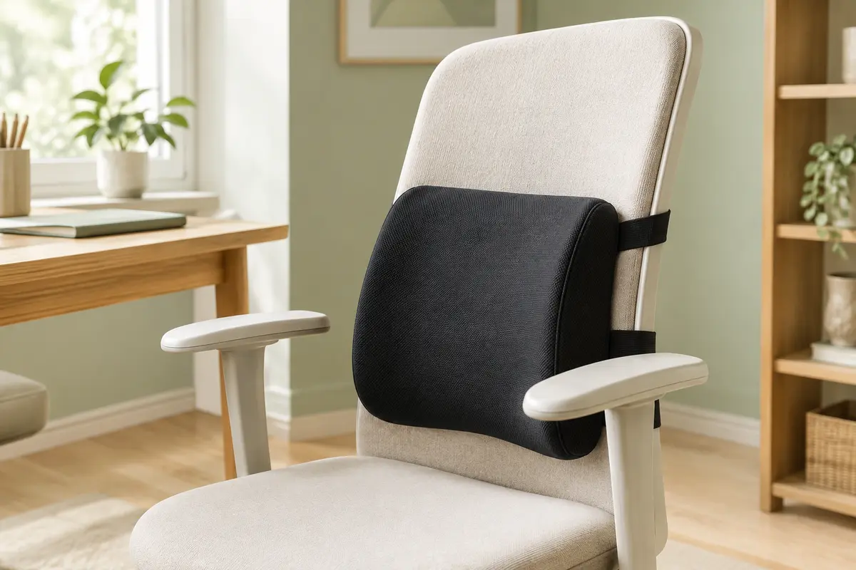 Coussin lombaire noir en polyester avec sangles réglables, fixé au dossier d’une chaise dans un intérieur lumineux.