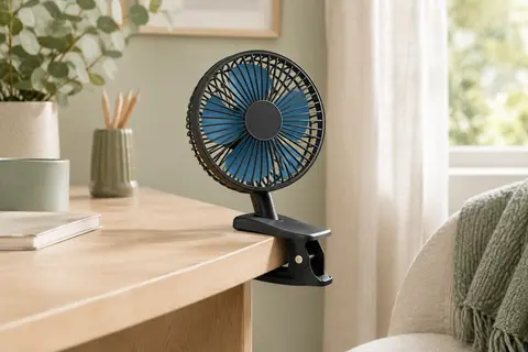 Mini ventilateur noir et bleu à clipser, fixé au bord d’un bureau en bois clair.