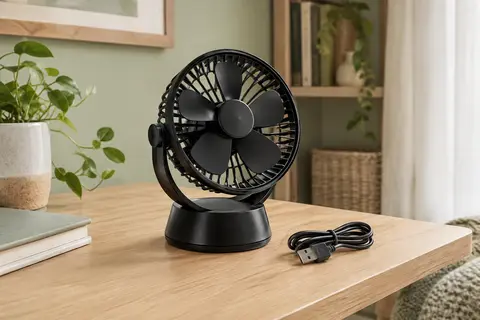Petit ventilateur de table noir à cinq pales posé sur un bureau en bois clair