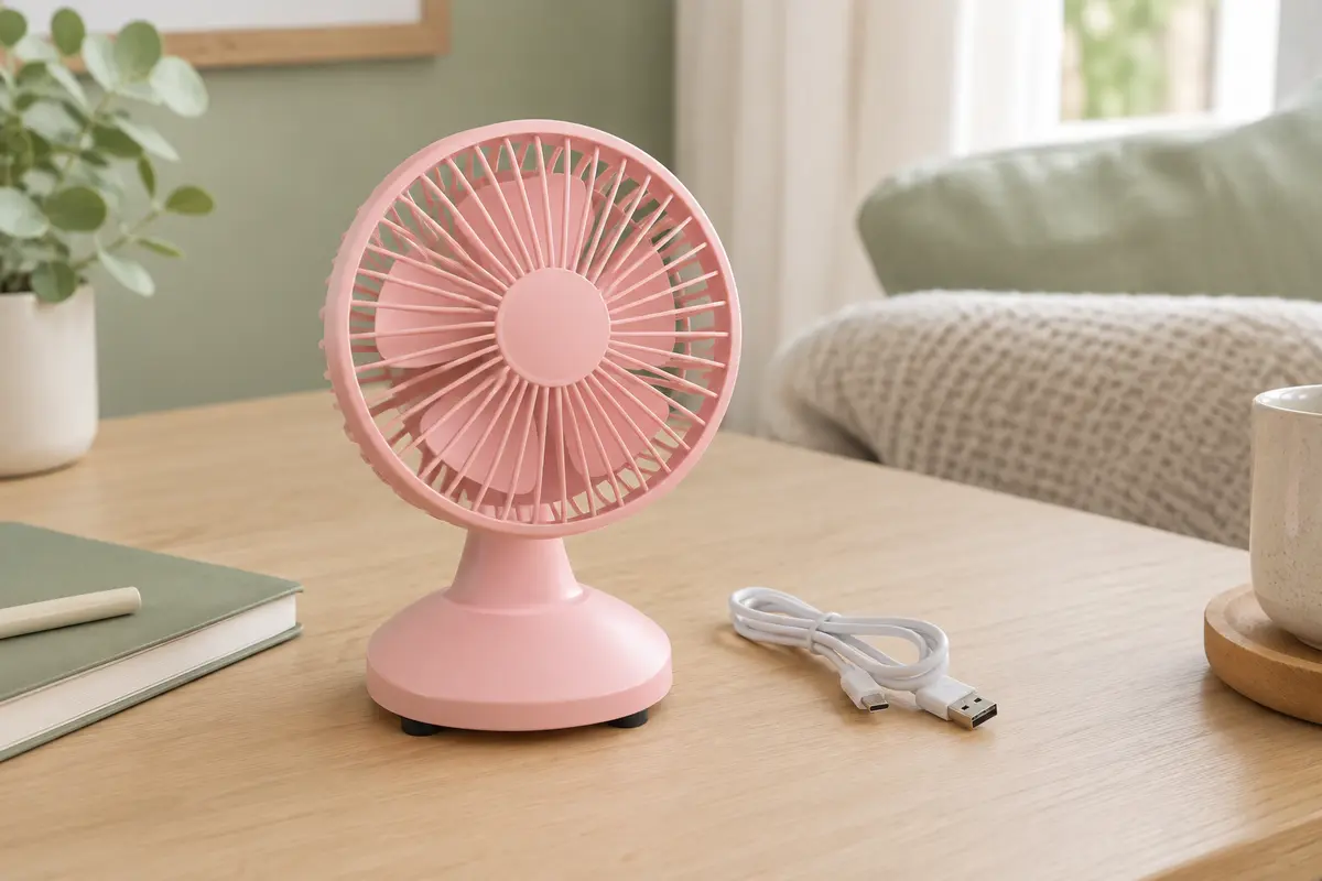 Ventilateur de table USB rose Gaiatop posé sur un bureau en bois clair, avec câble visible