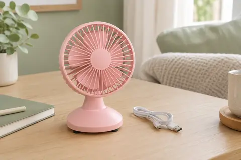 Ventilateur de table USB rose Gaiatop posé sur un bureau en bois clair, avec câble visible