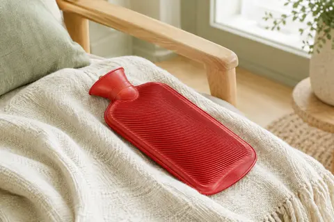 Bouillotte rouge en caoutchouc à deux faces lamellées, posée sur un plaid ivoire dans un intérieur lumineux.