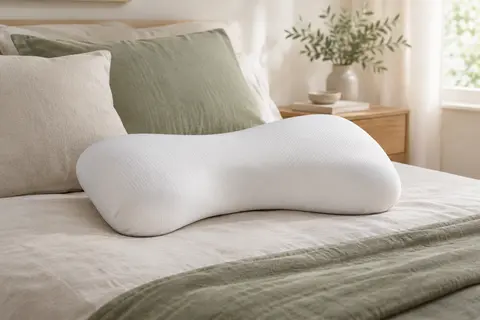 Oreiller ergonomique blanc en forme de papillon posé sur un lit aux tons ivoire et sauge