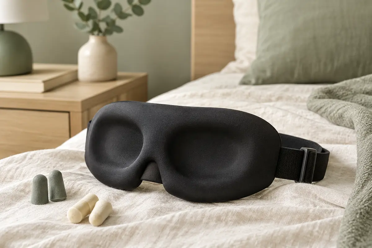 Masque de sommeil noir 3D à sangle réglable, accompagné de deux paires de bouchons d’oreilles.