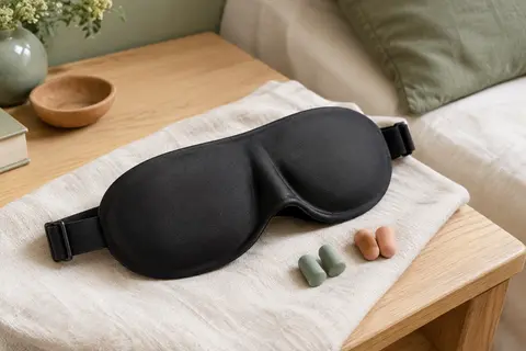 Masque de sommeil noir à contours 3D et bandeau élastique, posé sur un linge ivoire.