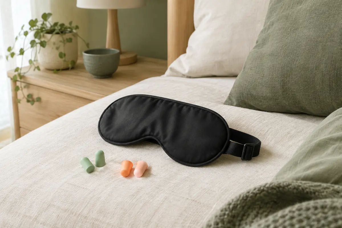 Masque de sommeil noir à sangle réglable posé avec deux paires de bouchons d’oreille sur une étoffe claire