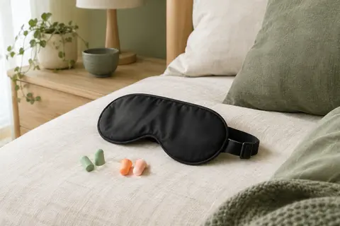 Masque de sommeil noir à sangle réglable posé avec deux paires de bouchons d’oreille sur une étoffe claire