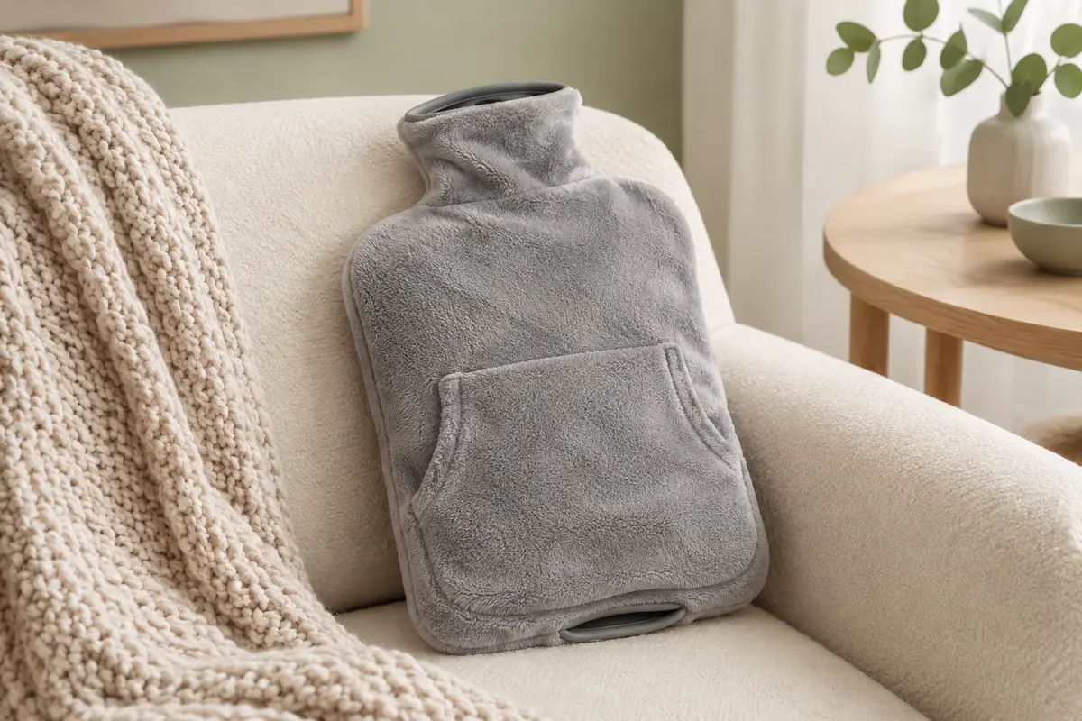 Bouillotte grise de 2 litres dans une housse moelleuse avec une poche pour les mains