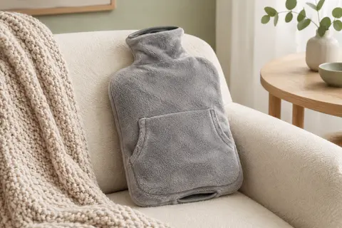 Bouillotte grise de 2 litres dans une housse moelleuse avec une poche pour les mains
