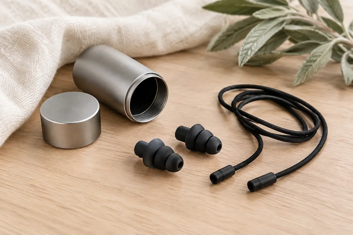 Bouchons d’oreilles noirs en silicone avec cordon détachable et étui en aluminium sur du bois clair.
