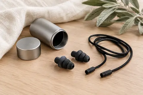 Bouchons d’oreilles noirs en silicone avec cordon détachable et étui en aluminium sur du bois clair.