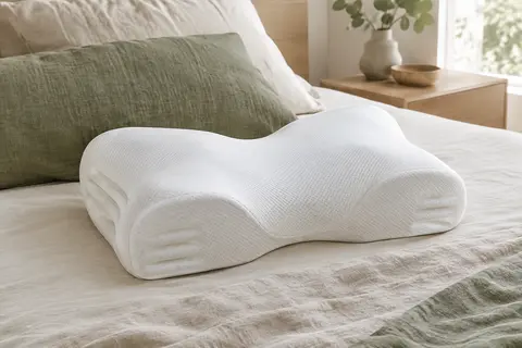 Oreiller blanc HOMCA en forme de papillon, avec renfoncements latéraux, posé sur un lit clair
