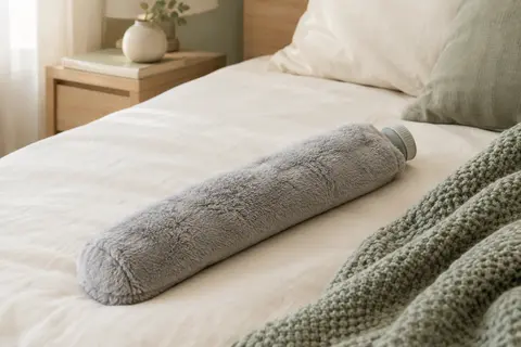 Bouillotte longue grise avec housse pelucheuse posée sur un lit aux tons ivoire et sauge