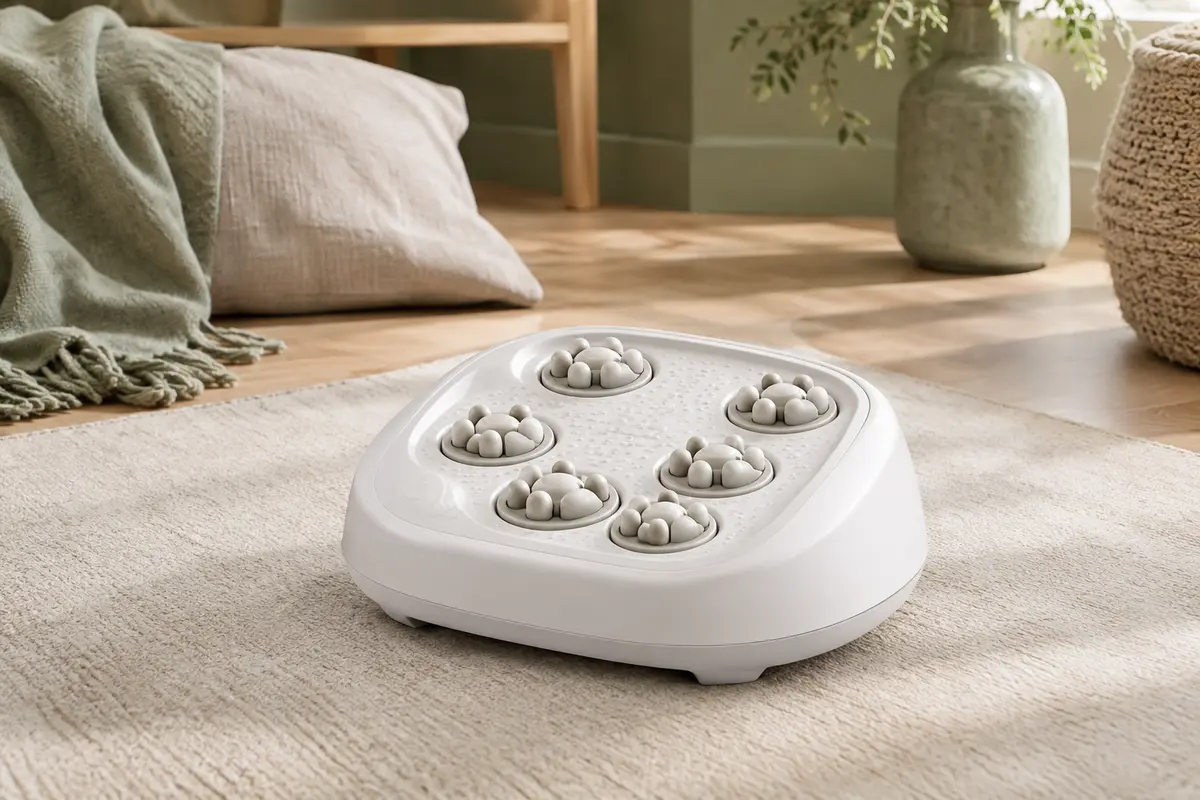 Appareil de massage des pieds HoMedics blanc avec six nœuds rotatifs, présenté dans un intérieur clair.
