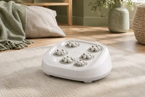Appareil de massage des pieds HoMedics blanc avec six nœuds rotatifs, présenté dans un intérieur clair.