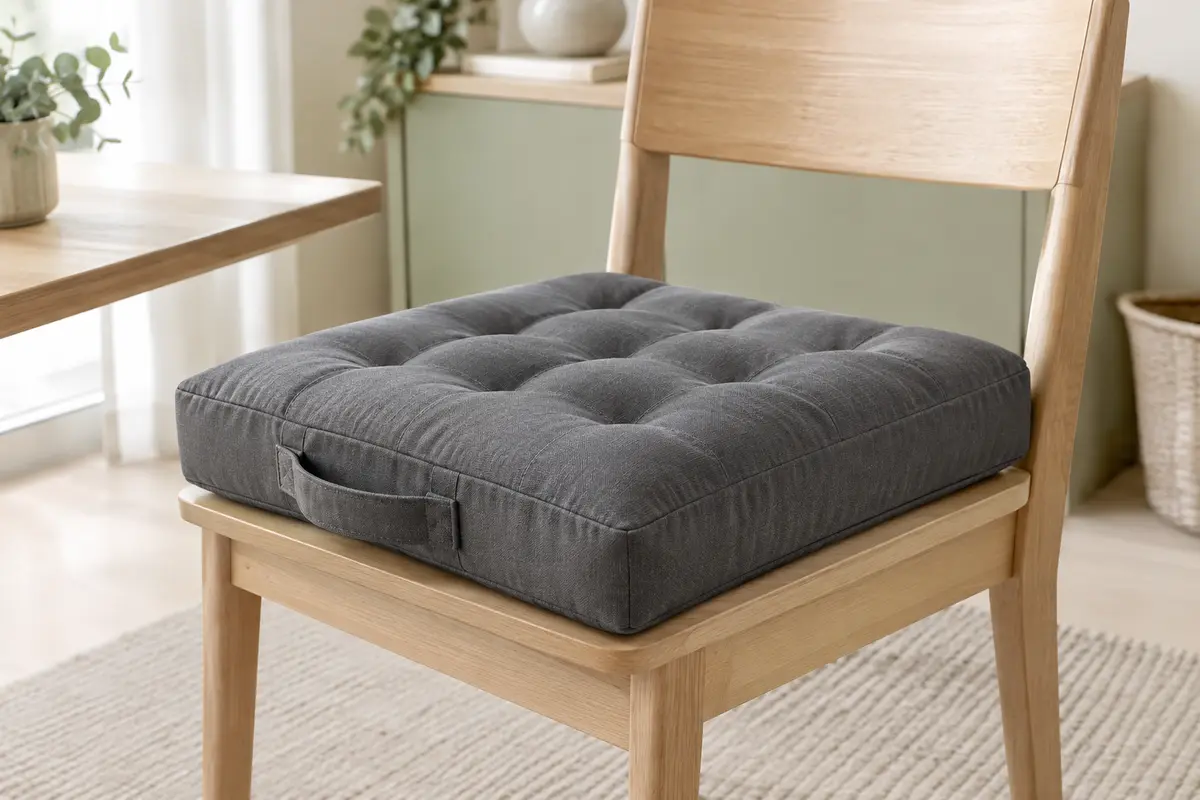 Coussin rehausseur carré gris ardoise en coton matelassé, posé sur une chaise en bois clair