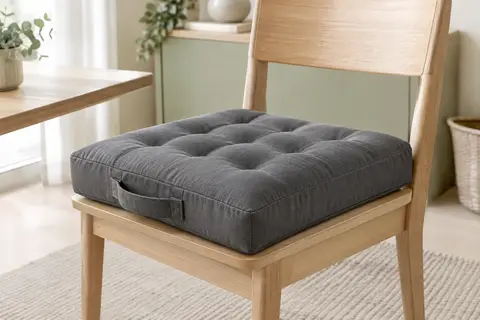 Coussin rehausseur carré gris ardoise en coton matelassé, posé sur une chaise en bois clair