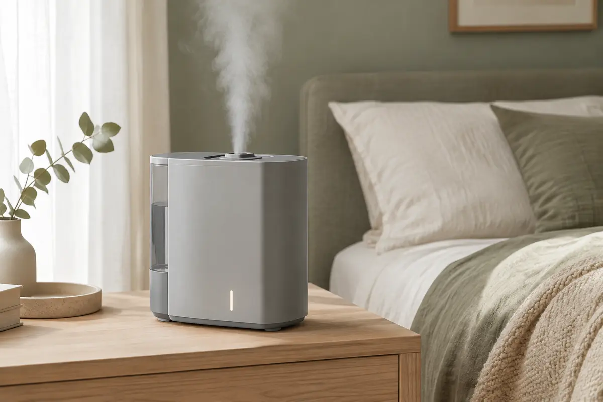 Humidificateur Homvana gris posé sur une table en bois clair dans une chambre lumineuse