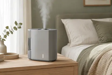 Humidificateur Homvana gris posé sur une table en bois clair dans une chambre lumineuse