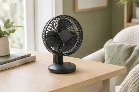 Ventilateur de table Honeywell noir et compact posé sur un bureau en bois clair.