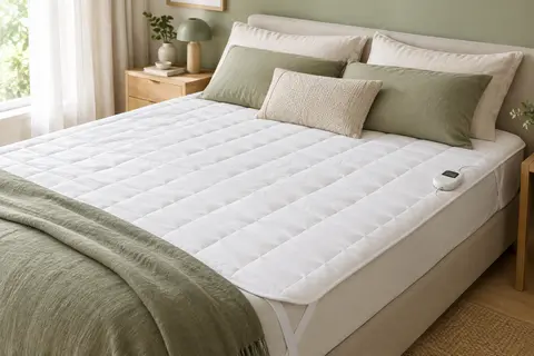 Surmatelas chauffant blanc et matelassé posé sur un lit double dans une chambre claire aux tons naturels.