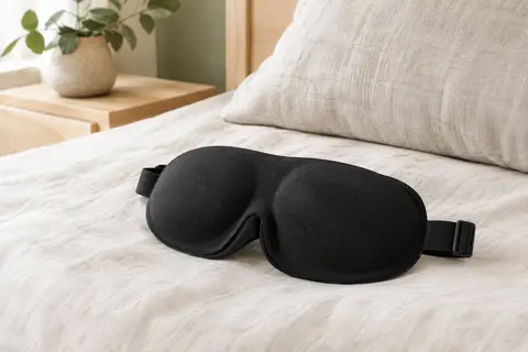 Masque de sommeil noir innelo avec contour 3D et sangle réglable, posé sur un linge ivoire.