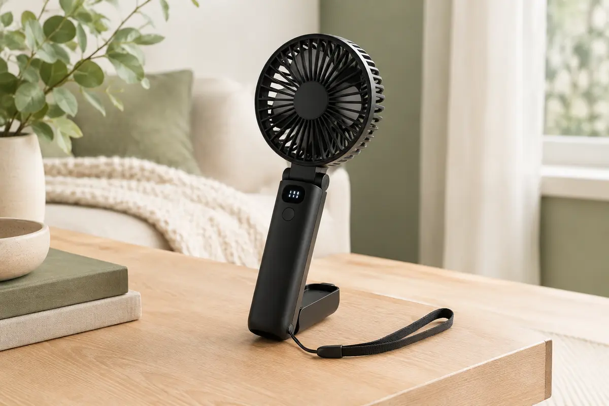 Ventilateur portable noir posé sur une table en bois clair, avec écran LED et lanière à côté.
