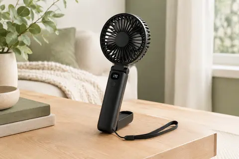 Ventilateur portable noir posé sur une table en bois clair, avec écran LED et lanière à côté.