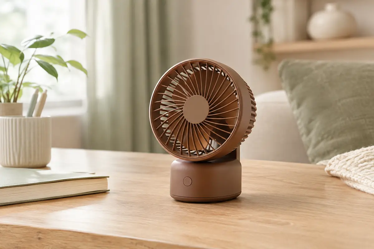 Ventilateur portable de table marron posé sur un bureau en bois clair dans un intérieur lumineux