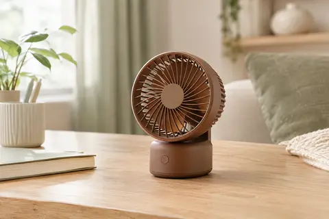Ventilateur portable de table marron posé sur un bureau en bois clair dans un intérieur lumineux