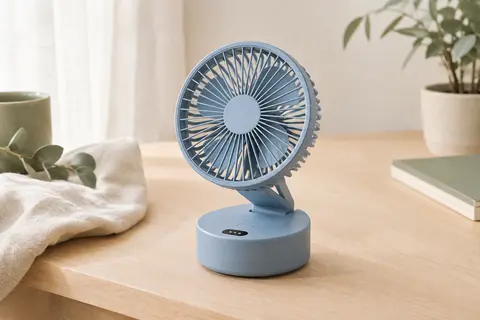Mini ventilateur de table pliable bleu posé sur un bureau en bois clair, avec grille et affichage LED.