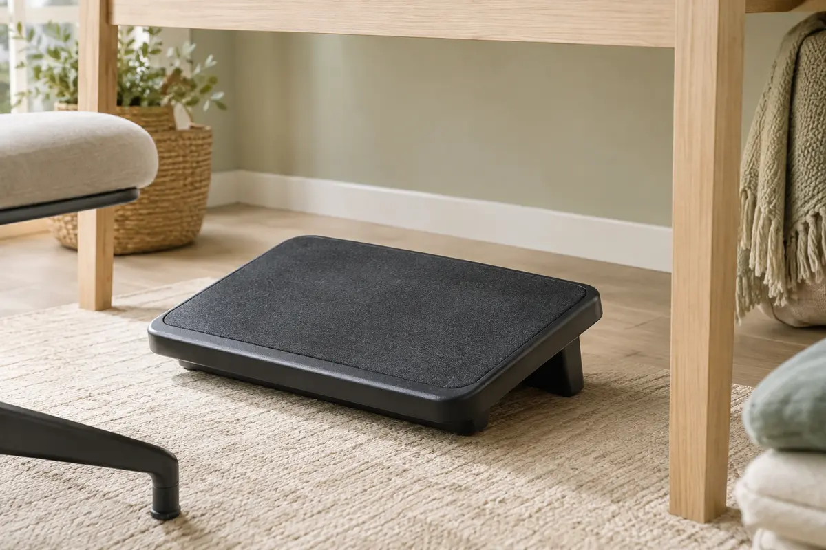 Repose-pieds de bureau noir Kensington SoleSaver à plateforme texturée, placé sous un bureau en bois clair.