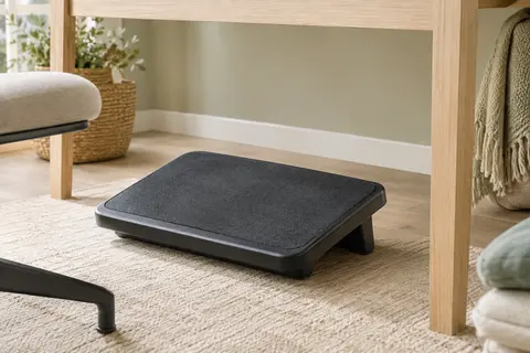 Repose-pieds de bureau noir Kensington SoleSaver à plateforme texturée, placé sous un bureau en bois clair.