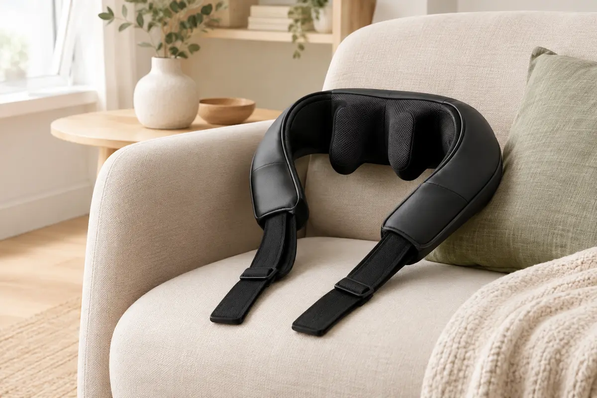 Masseur cervical noir en simili cuir avec sangles, posé sur un fauteuil dans un intérieur lumineux et épuré.