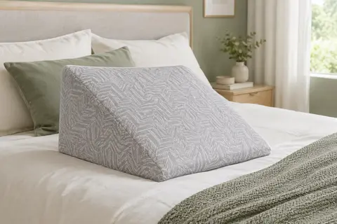 Oreiller cale triangulaire gris et blanc posé sur un lit aux draps clairs, avec une housse jacquard