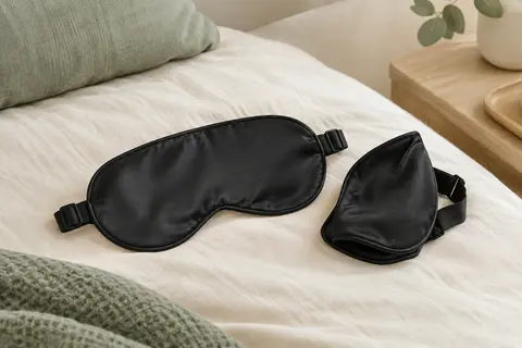 Deux masques de sommeil noirs en soie avec sangle élastique ajustable, présentés sur une literie claire.