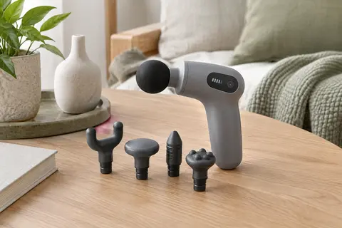 Mini pistolet de massage gris avec écran LCD et quatre têtes interchangeables sur une table claire