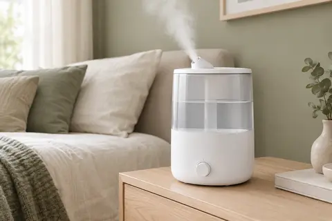 Humidificateur d’air blanc Levoit Classic 160 posé sur une table en bois clair dans une chambre lumineuse.
